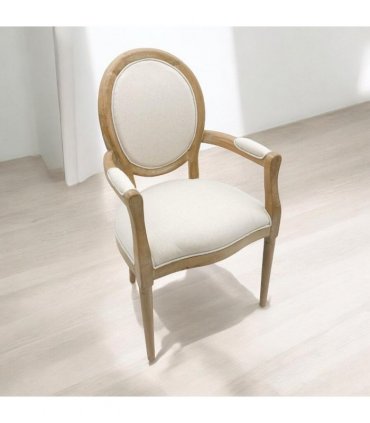 Elegant and Comfortable 94CM Louis Style Cream Linen Armchair - Oak/Grey Frame French Style Dining Chair with High Back Design for Modern Home Décor or Dining Spaces (Oak Frame Cream Linen)