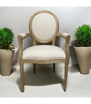 Elegant and Comfortable 94CM Louis Style Cream Linen Armchair - Oak/Grey Frame French Style Dining Chair with High Back Design for Modern Home Décor or Dining Spaces (Oak Frame Cream Linen)