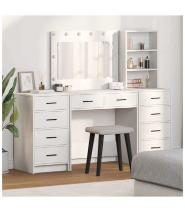vidaXL Dressing Table with Mirror Lights 3 pcs White Engineered Wood
