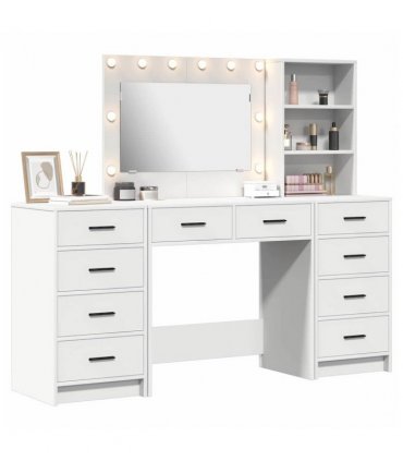 vidaXL Dressing Table with Mirror Lights 3 pcs White Engineered Wood