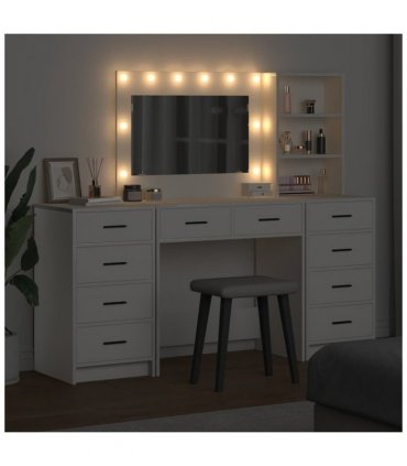 vidaXL Dressing Table with Mirror Lights 3 pcs White Engineered Wood