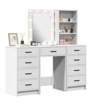 vidaXL Dressing Table with Mirror Lights 3 pcs White Engineered wood — V0671994191
