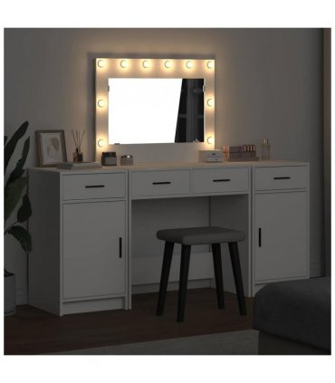 vidaXL Dressing Table with Mirror Lights 3 pcs White Engineered Wood — V0671994209
