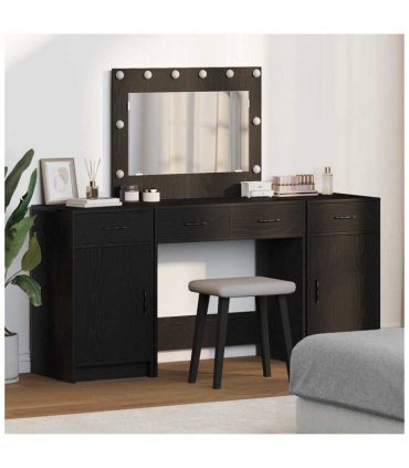 vidaXL Dressing Table with Mirror Lights 3 pcs Black Engineered Wood — Colour: Black oak