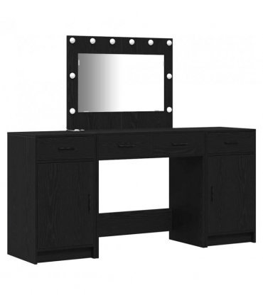 vidaXL Dressing Table with Mirror Lights 3 pcs Black Engineered Wood — Colour: Black oak