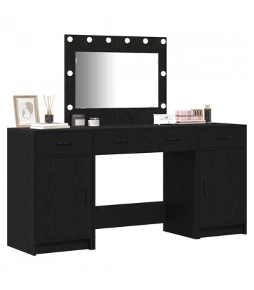 vidaXL Dressing Table with Mirror Lights 3 pcs Black Engineered Wood — Colour: Black oak