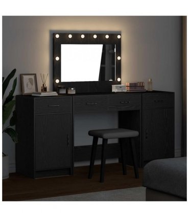 vidaXL Dressing Table with Mirror Lights 3 pcs Black Engineered Wood — Colour: Black oak