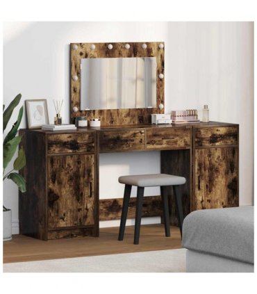 vidaXL Dressing Table with Mirror Lights 3 pcs Brown Engineered Wood — Colour: Smoked oak