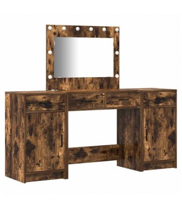 vidaXL Dressing Table with Mirror Lights 3 pcs Brown Engineered Wood — Colour: Smoked oak
