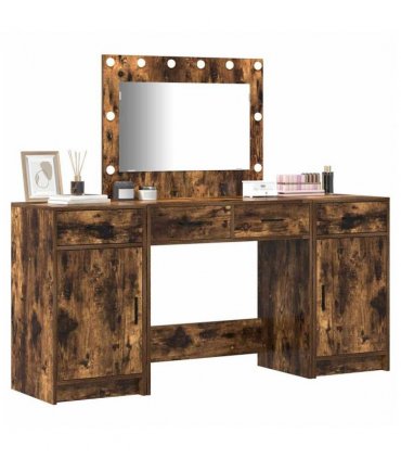 vidaXL Dressing Table with Mirror Lights 3 pcs Brown Engineered Wood — Colour: Smoked oak