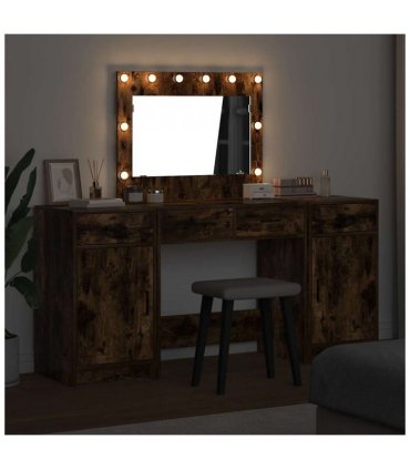 vidaXL Dressing Table with Mirror Lights 3 pcs Brown Engineered Wood — Colour: Smoked oak