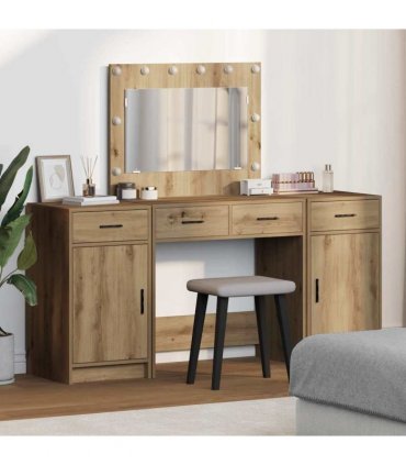 vidaXL Dressing Table with Mirror Lights 3 pcs Brown Engineered Wood — Colour: Artisan oak