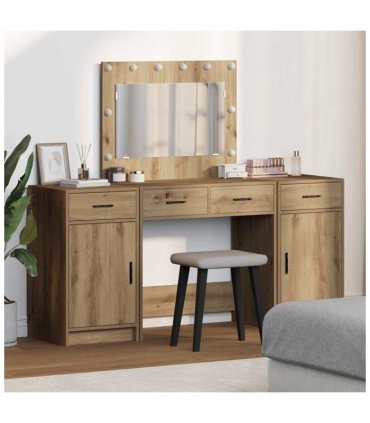 vidaXL Dressing Table with Mirror Lights 3 pcs Brown Engineered Wood — Colour: Artisan oak