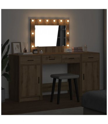 vidaXL Dressing Table with Mirror Lights 3 pcs Brown Engineered Wood — Colour: Artisan oak