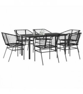 vidaXL 7 Piece Garden Dining Set Black Poly Rattan Glass — Size: 160 x 80 x 74 cm
