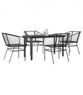 vidaXL 5 Piece Garden Dining Set Black Poly Rattan Glass — Size: 140 x 70 x 74 cm