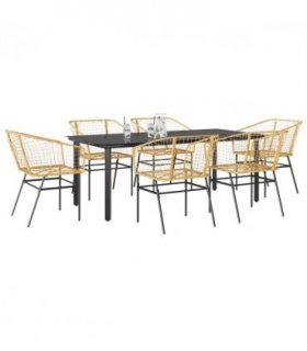 vidaXL 7 Piece Garden Dining Set Brown Poly Rattan Glass — Size: 200 x 100 x 74 cm
