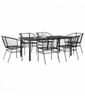 vidaXL 7 Piece Garden Dining Set Black Poly Rattan Glass — Size: 200 x 100 x 74 cm