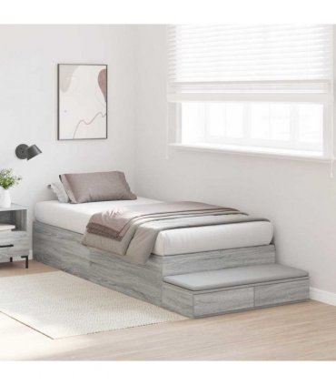 vidaXL Storage Bed Frame with Drawer Grey Sonoma 90 cm Engineered Wood — Size: 90 x 200 cm