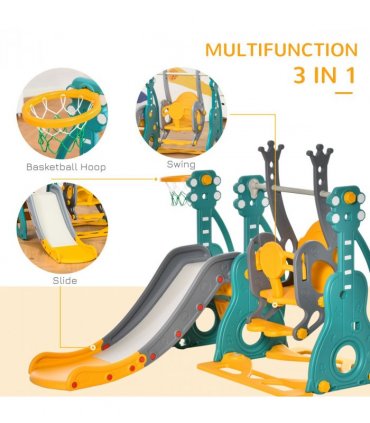 Swing and Slide Set Multi-colored PE 20.50 cm 3-IN-1 Kids with Basketball Hoop