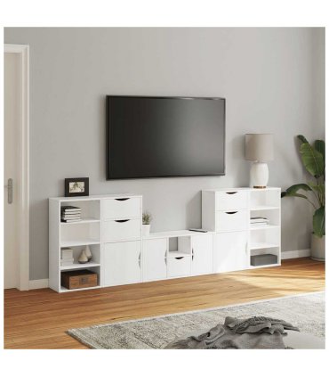 vidaXL 5 Piece TV Units with Storage ODDA White Solid Wood Pine — Model: 9 shelves 5 drawers