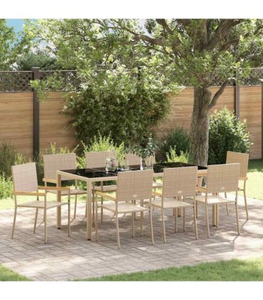 vidaXL Garden Dining Set 9 pcs Beige Poly Rattan — Size: 190 cm table length
