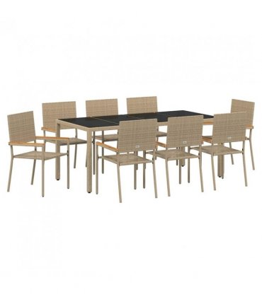 vidaXL Garden Dining Set 9 pcs Beige Poly Rattan — Size: 190 cm table length
