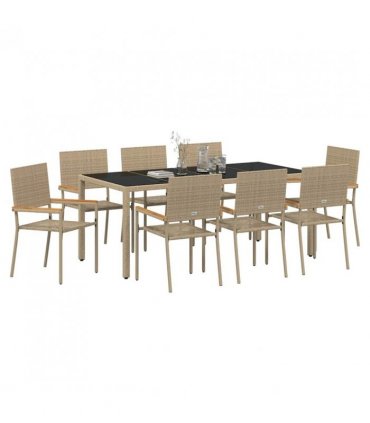 vidaXL Garden Dining Set 9 pcs Beige Poly Rattan — Size: 190 cm table length