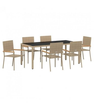 vidaXL Garden Dining Set 7 pcs Beige Poly Rattan — Size: 190 cm table length