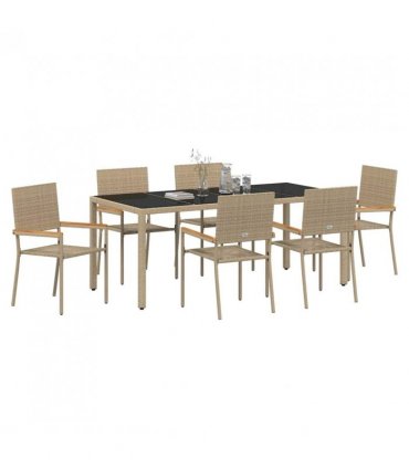 vidaXL Garden Dining Set 7 pcs Beige Poly Rattan — Size: 190 cm table length