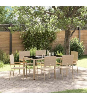 vidaXL Garden Dining Set 7 pcs Beige Poly Rattan — Size: 150 cm table length