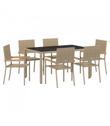 vidaXL Garden Dining Set 7 pcs Beige Poly Rattan — Size: 150 cm table length