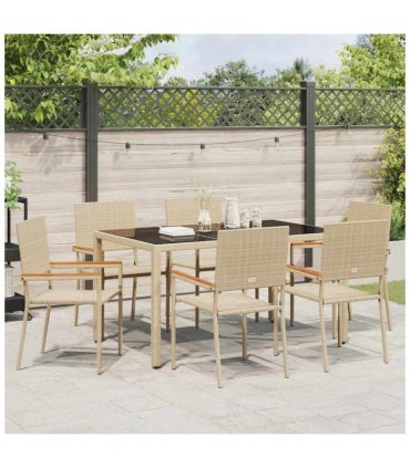 vidaXL Garden Dining Set 7 pcs Beige Poly Rattan — Size: 150 cm table length