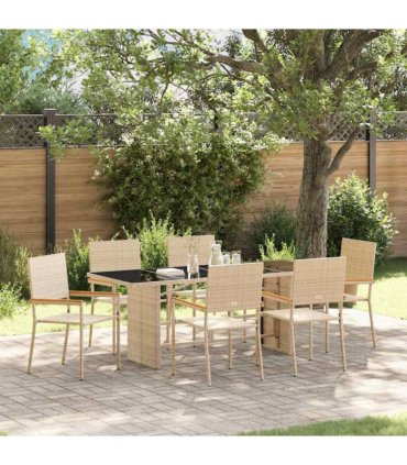vidaXL Garden Dining Set 7 pcs Beige Poly Rattan — Model: Glass top table