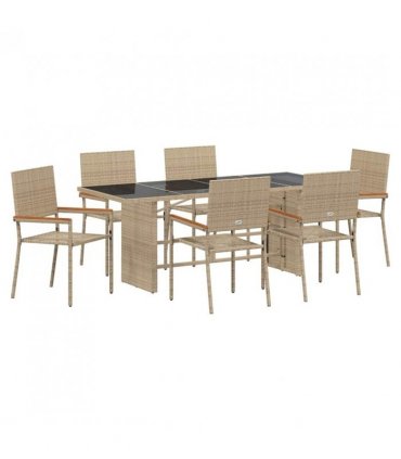 vidaXL Garden Dining Set 7 pcs Beige Poly Rattan — Model: Glass top table