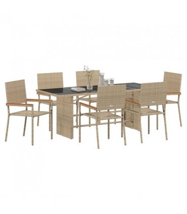 vidaXL Garden Dining Set 7 pcs Beige Poly Rattan — Model: Glass top table