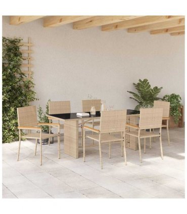 vidaXL Garden Dining Set 7 pcs Beige Poly Rattan — Model: Glass top table