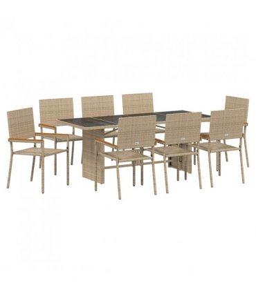 vidaXL Garden Dining Set 9 pcs Beige Poly Rattan — Model: Glass top table