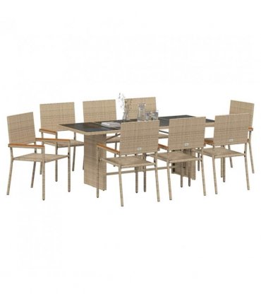 vidaXL Garden Dining Set 9 pcs Beige Poly Rattan — Model: Glass top table