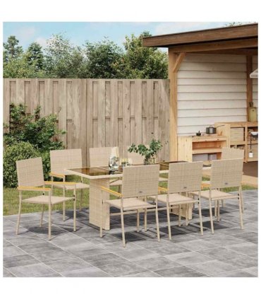 vidaXL Garden Dining Set 9 pcs Beige Poly Rattan — Model: Glass top table