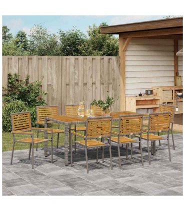 vidaXL Garden Dining Set 9 pcs Grey and Brown Poly Rattan — Size: 190 cm table length