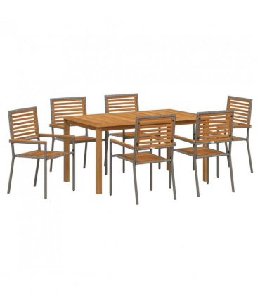 vidaXL Garden Dining Set 7 pcs Grey Solid Acacia Wood — Size: 150 cm table length