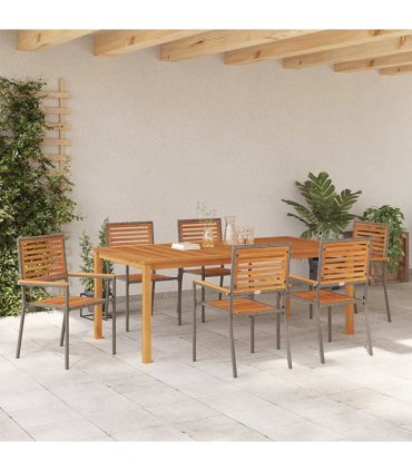 vidaXL Garden Dining Set 7 pcs Grey Solid Acacia Wood — Size: 200 cm table length