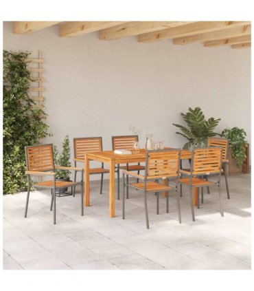 vidaXL Garden Dining Set 7 pcs Grey Solid Acacia Wood — Size: 140 cm table length