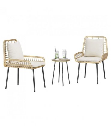 vidaXL Garden Dining Set 3 pcs Brown and Cream Poly Rattan — Colour: Natural, Model: 2 x chair+1 x round tea table