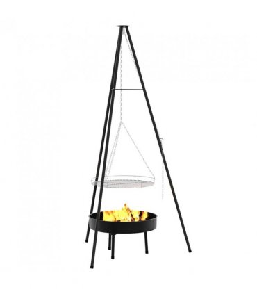 vidaXL Campfire Tripod 3 pcs Black Steel — Model: with grill rack &fire tray