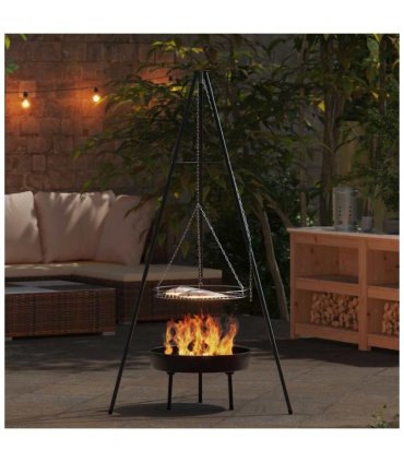 vidaXL Campfire Tripod 3 pcs Black Steel — Model: with grill rack &fire tray