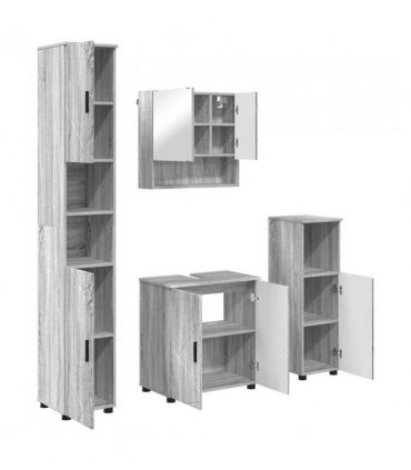 vidaXL Bathroom Furniture Set Wall-mounted with Door 4 pcs Grey Sonoma