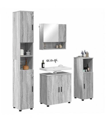 vidaXL Bathroom Furniture Set Wall-mounted with Door 4 pcs Grey Sonoma