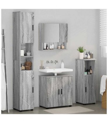 vidaXL Bathroom Furniture Set Wall-mounted with Door 4 pcs Grey Sonoma